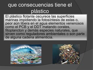 que consecuencias tiene el
plástico
El plástico flotante oscurece las superficies
marinas impidiendo la fotosíntesis de estas o,
peor aún libera en el agua elementos venenosos
como el PCB y el DDT matando corales,
fitoplancton y demás especies naturales, que
sirven como reguladores ambientales o son parte
de alguna cadena alimenticia.
 