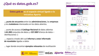 ….punto de encuentro entre las administraciones, las empresas
y los ciudadanos interesados en los datos abiertos.
¿Qué es datos.gob.es?
Datos.gob.es es el espacio virtual ligado a la
Iniciativa Aporta
… punto de acceso al Catálogo Nacional de datos abiertos
(+61.000 conjuntos de datos y +357.000 ficheros de datos –
distribuciones- )
…. espacio a través del cual informar y estar informado
de novedades ligadas a datos
… lugar donde encontrar ejemplos relevantes de reutilización
 