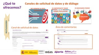Canales de solicitud de datos y de diálogo
ES NECESARIO PODER
DIALOGAR
ES IMPORTANTE TENER
DÓNDE PREGUNTAR
NO SIEMPRE ES FÁCIL
ENCONTRAR
Canal de solicitud de datos Área de comentarios
REUTILIZADORES
¿Qué te
ofrecemos?
 