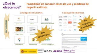 Posibilidad de conocer casos de uso y modelos de
negocio exitosos
Catálogo de empresas
Potencial Solar de Cáceres
Location intelligence
GeoGasolineras
CasuaLearn
Ecosistema Digital Agrario
Mi guía fallera Verba volant
Ponferrada CO2
LicitaLío
Catálogo de soluciones
REUTILIZADORES
¿Qué te
ofrecemos?
 