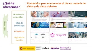 PARA
TODOS
Contenidos para mantenerse al día en materia de
datos y de datos abiertos
Noticias de
actualidad
Blog de
innovación
Agenda de
eventos
Entrevistas
¿Qué te
ofrecemos?
 