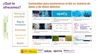 PARA
TODOS
Contenidos para mantenerse al día en materia de
datos y de datos abiertos
Noticias de
actualidad
Blog de
innovación
Agenda de
eventos
Entrevistas
¿Qué te
ofrecemos?
Boletín
 