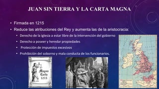 JUAN SIN TIERRA Y LA CARTA MAGNA
• Firmada en 1215
• Reduce las atribuciones del Rey y aumenta las de la aristocracia:
• Derecho de la iglesia a estar libre de la intervención del gobierno
• Derecho a poseer y heredar propiedades
• Protección de impuestos excesivos
• Prohibición del soborno y mala conducta de los funcionarios.
 