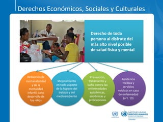 Asistencia
médica y
servicios
médicos en caso
de enfermedad
(art. 13)
Derechos Económicos, Sociales y Culturales
Derecho de toda
persona al disfrute del
más alto nivel posible
de salud física y mental
Prevención,
tratamiento y
lucha contra las
enfermedades
epidémicas,
endémicas y
profesionales
Mejoramiento
en todo aspecto
de la higiene del
trabajo y del
medioambiente
Reducción de
mortanatalidad
y de la
mortalidad
infantil, sano
desarrollo de
los niños
 
