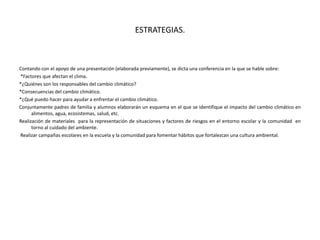ESTRATEGIAS.



Contando con el apoyo de una presentación (elaborada previamente), se dicta una conferencia en la que se hable sobre:
*Factores que afectan el clima.
*¿Quiénes son los responsables del cambio climático?
*Consecuencias del cambio climático.
*¿Qué puedo hacer para ayudar a enfrentar el cambio climático.
Conjuntamente padres de familia y alumnos elaborarán un esquema en el que se identifique el impacto del cambio climático en
      alimentos, agua, ecosistemas, salud, etc.
Realización de materiales para la representación de situaciones y factores de riesgos en el entorno escolar y la comunidad en
      torno al cuidado del ambiente.
Realizar campañas escolares en la escuela y la comunidad para fomentar hábitos que fortalezcan una cultura ambiental.
 