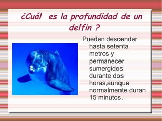 ¿Cuál  es la profundidad de un delfin ? Pueden descender hasta setenta metros y permanecer sumergidos durante dos horas,aunque normalmente duran 15 minutos. 