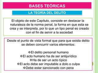 El objeto de este Capítulo, consiste en destacar la
naturaleza de la norma penal, la forma en que esta se
crea y se interpreta, por lo que un tipo penal es creado
con el fin de servir a la sociedad
BASES TEÓRICAS
LA TEORÍA DEL DELITO
Desde el punto de vista formal que para que exista delito
se deben concurrir varios elementos:
El delito personal humano
El acto humano ha de ser antijurídico
Ha de ser un acto típico
El acto debe ser imputable a dolo o culpa
Debe estar sancionado con pena
 