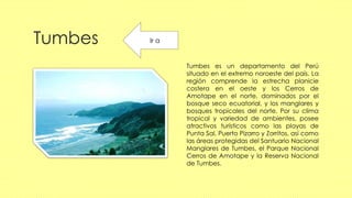 Tumbes
Tumbes es un departamento del Perú
situado en el extremo noroeste del país. La
región comprende la estrecha planicie
costera en el oeste y los Cerros de
Amotape en el norte, dominados por el
bosque seco ecuatorial, y los manglares y
bosques tropicales del norte. Por su clima
tropical y variedad de ambientes, posee
atractivos turísticos como las playas de
Punta Sal, Puerto Pizarro y Zorritos, así como
las áreas protegidas del Santuario Nacional
Manglares de Tumbes, el Parque Nacional
Cerros de Amotape y la Reserva Nacional
de Tumbes.
Ir a
 