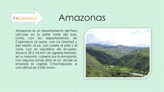 Amazonas
Amazonas es un departamento del Perú
ubicado en la parte norte del país.
Limita con los departamentos de
Cajamarca al oeste, con La Libertad y
San Martín al sur, con Loreto al este y al
norte con la república de Ecuador.
Abarca 39,2 mil km² de agreste territorio,
en su mayoría, cubierto por la Amazonía,
con algunas zonas altas al sur, donde se
emplaza la capital, Chachapoyas, a
una altitud de 2.335 msnm.
Ir aDiapositiva 2
 