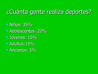 ¿Cuánta gente realiza deportes? Niños: 35% Adolescentes :20% Jovenes: 15% Adultos:15% Ancianos: 5% 