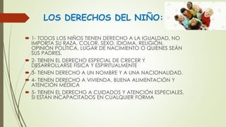 LOS DERECHOS DEL NIÑO:
 1- TODOS LOS NIÑOS TIENEN DERECHO A LA IGUALDAD, NO
IMPORTA SU RAZA, COLOR, SEXO, IDIOMA, RELIGIÓN,
OPINIÓN POLÍTICA, LUGAR DE NACIMIENTO O QUIENES SEÁN
SUS PADRES.
 2- TIENEN EL DERECHO ESPECIAL DE CRECER Y
DESARROLLARSE FÍSICA Y ESPIRITUALMENTE
 3- TIENEN DERECHO A UN NOMBRE Y A UNA NACIONALIDAD.
 4- TIENEN DERECHO A VIVIENDA, BUENA ALIMENTACIÓN Y
ATENCIÓN MÉDICA
 5- TIENEN EL DERECHO A CUIDADOS Y ATENCIÓN ESPECIALES,
SI ESTÁN INCAPACITADOS EN CUALQUIER FORMA
 