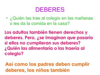DEBERES 
• ¿Quién las trae al colegio en las mañanas 
o les da la comida en la casa? 
Los adultos también tienen derechos y 
deberes. Pero, ¿se imaginan que pasaría 
si ellos no cumplieran sus deberes? 
¿Quién las alimentaría o las traería al 
colegio? 
Así como los padres deben cumplir 
deberes, los niños también 
 