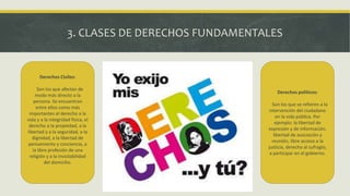 3. CLASES DE DERECHOS FUNDAMENTALES
Derechos Civiles:
Son los que afectan de
modo más directo a la
persona. Se encuentran
entre ellos como más
importantes el derecho a la
vida y a la integridad física, el
derecho a la propiedad, a la
libertad y a la seguridad, a la
dignidad, a la libertad de
pensamiento y conciencia, a
la libre profesión de una
religión y a la inviolabilidad
del domicilio.
Derechos políticos:
Son los que se refieren a la
intervención del ciudadano
en la vida pública. Por
ejemplo: la libertad de
expresión y de información,
libertad de asociación y
reunión, libre acceso a la
justicia, derecho al sufragio,
a participar en el gobierno.
 