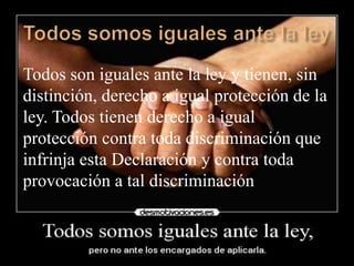 Todos son iguales ante la ley y tienen, sin
distinción, derecho a igual protección de la
ley. Todos tienen derecho a igual
protección contra toda discriminación que
infrinja esta Declaración y contra toda
provocación a tal discriminación

 