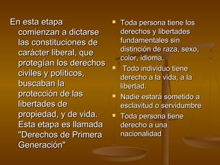 EEnn eessttaa eettaappaa 
ccoommiieennzzaann aa ddiiccttaarrssee 
llaass ccoonnssttiittuucciioonneess ddee 
ccaarráácctteerr lliibbeerraall,, qquuee 
pprrootteeggííaann llooss ddeerreecchhooss 
cciivviilleess yy ppoollííttiiccooss,, 
bbuussccaabbaann llaa 
pprrootteecccciióónn ddee llaass 
lliibbeerrttaaddeess ddee 
pprrooppiieeddaadd,, yy ddee vviiddaa.. 
EEssttaa eettaappaa eess llllaammaaddaa 
""DDeerreecchhooss ddee PPrriimmeerraa 
GGeenneerraacciióónn"" 
 TTooddaa ppeerrssoonnaa ttiieennee llooss 
ddeerreecchhooss yy lliibbeerrttaaddeess 
ffuunnddaammeennttaalleess ssiinn 
ddiissttiinncciióónn ddee rraazzaa,, sseexxoo,, 
ccoolloorr,, iiddiioommaa.. 
 TTooddoo iinnddiivviidduuoo ttiieennee 
ddeerreecchhoo aa llaa vviiddaa,, aa llaa 
lliibbeerrttaadd.. 
 NNaaddiiee eessttaarráá ssoommeettiiddoo aa 
eessccllaavviittuudd oo sseerrvviidduummbbrree 
 TTooddaa ppeerrssoonnaa ttiieennee 
ddeerreecchhoo aa uunnaa 
nnaacciioonnaalliiddaadd 
 