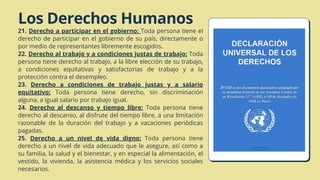 Los Derechos Humanos
21. Derecho a participar en el gobierno: Toda persona tiene el
derecho de participar en el gobierno de su país, directamente o
por medio de representantes libremente escogidos.
22. Derecho al trabajo y a condiciones justas de trabajo: Toda
persona tiene derecho al trabajo, a la libre elección de su trabajo,
a condiciones equitativas y satisfactorias de trabajo y a la
protección contra el desempleo.
23. Derecho a condiciones de trabajo justas y a salario
equitativo: Toda persona tiene derecho, sin discriminación
alguna, a igual salario por trabajo igual.
24. Derecho al descanso y tiempo libre: Toda persona tiene
derecho al descanso, al disfrute del tiempo libre, a una limitación
razonable de la duración del trabajo y a vacaciones periódicas
pagadas.
25. Derecho a un nivel de vida digno: Toda persona tiene
derecho a un nivel de vida adecuado que le asegure, así como a
su familia, la salud y el bienestar, y en especial la alimentación, el
vestido, la vivienda, la asistencia médica y los servicios sociales
necesarios.
 