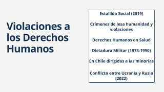 Violaciones a
los Derechos
Humanos
Estallido Social (2019)
Crímenes de lesa humanidad y
violaciones
Derechos Humanos en Salud
Dictadura Militar (1973-1990)
En Chile dirigidas a las minorías
Conflicto entre Ucrania y Rusia
(2022)
 