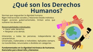 Hacer valer derechos.
Respetar a los demás.
Normas que resguardan la dignidad humana.
Rigen interacciones sociales y relaciones Estado-individuo.
Exigen acciones gubernamentales, limitan actos que
vulneren los derechos.
Responsabilidades individuales:
Inherentes a todas las personas, independiente de
características.
Universales, inalienables e indivisibles: Aplicables siempre,
no transferibles, renunciados o divididos en categorías.
Fundamentados en la dignidad intrínseca de humanos.
Esenciales para desarrollo y bienestar.
¿Qué son los Derechos
Humanos?
 