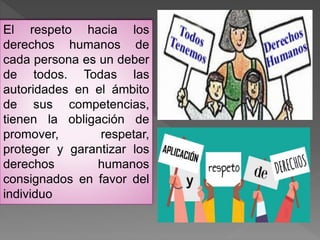 El respeto hacia los
derechos humanos de
cada persona es un deber
de todos. Todas las
autoridades en el ámbito
de sus competencias,
tienen la obligación de
promover, respetar,
proteger y garantizar los
derechos humanos
consignados en favor del
individuo
 