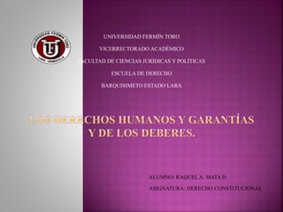 UNIVERSIDAD FERMÍN TORO
VICERRECTORADO ACADÉMICO
FACULTAD DE CIENCIAS JURÍDICAS Y POLÍTICAS
ESCUELA DE DERECHO
BARQUISIMETO ESTADO LARA
ALUMNO: RAQUEL A. MATA D.
ASIGNATURA: DERECHO CONSTITUCIONAL
 
