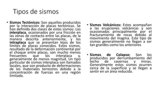 Tipos de sismos 
• Sismos Volcánicos: Estos acompañan 
a las erupciones volcánicas y son 
ocasionadas principalmente por el 
fracturamiento de rocas debido al 
movimiento del magma. Este tipo de 
sismos generalmente no llegan a ser 
tan grandes como los anteriores 
• Sismos de Colapso: Son los 
producidos por derrumbamiento del 
techo de cavernas y minas. 
Generalmente estos sismos ocurren 
cerca de la superficie y se llegan a 
sentir en un área reducida. 
• Sismos Tectónicos: Son aquellos producidos 
por la interacción de placas tectónicas. Se 
han definido dos clases de estos sismos: Los 
interplaca, ocasionados por una fricción en 
las zonas de contacto entre las placas, de la 
manera descrita anteriormente, y los 
intraplaca que se presentan lejos de los 
límites de placas conocidos. Estos sismos, 
resultado de la deformación continental por 
el choque entre placas, son mucho menos 
frecuentes que los interplaca y, 
generalmente de menos magnitud. Un tipo 
particular de sismos interplaca son llamados 
locales, que son producto de deformaciones 
de los materiales terrestres debido a la 
concentración de fuerzas en una región 
limitada. 
 