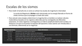 Escalas de los sismos 
• Para medir el tamaño de un sismo se utilizan las escalas de magnitud e intensidad. 
La escala de Magnitud o Richter está relacionada con la energía liberada en forma de 
ondas sísmicas que se propagan a través del suelo. 
• Para calcular esta energía y determinar la magnitud de un temblor se realizan cálculos 
matemáticos basados en los registros obtenidos por los sismógrafos de diferentes 
estaciones. En estos registros o sismogramas se mide la amplitud máxima de la ondas y la 
distancia a la que se encuentra la estación del epicentro. Estos valores son introducidos a 
una fórmula, obteniendo así la magnitud. 
 