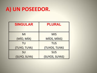 A) UN POSEEDOR.
SINGULAR PLURAL
MI
(MÍO, MÍA)
MIS
MÍOS, MÍAS)
TU
(TUYO, TUYA)
TUS
(TUYOS, TUYAS
SU
(SUYO, SUYA)
SUS
(SUYOS, SUYAS)
 