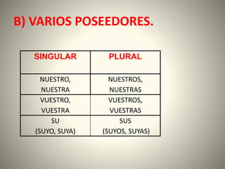 B) VARIOS POSEEDORES.
SINGULAR PLURAL
NUESTRO,
NUESTRA
NUESTROS,
NUESTRAS
VUESTRO,
VUESTRA
VUESTROS,
VUESTRAS
SU
(SUYO, SUYA)
SUS
(SUYOS, SUYAS)
 