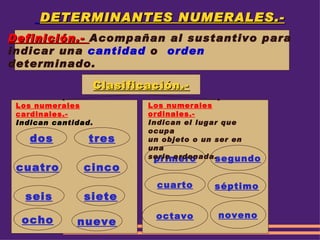 DETERMINANTES NUMERALES.- Definición.-  Acompañan al sustantivo para  indicar una  cantidad  o  orden  determinado.  Clasificación.- dos tres cuatro cinco seis siete ocho nueve primero segundo cuarto séptimo octavo noveno Los numerales cardinales.- Indican cantidad. Los numerales ordinales.- Indican el lugar que ocupa un objeto o un ser en una serie ordenada. 