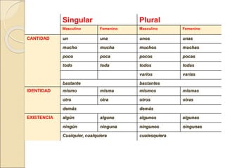 Singular Plural
Masculino Femenino Masculino Femenino
CANTIDAD un una unos unas
mucho mucha muchos muchas
poco poca pocos pocas
todo toda todos todas
varios varias
bastante bastantes
IDENTIDAD mismo misma mismos mismas
otro otra otros otras
demás demás
EXISTENCIA algún alguna algunos algunas
ningún ninguna ningunos ningunas
Cualquier, cualquiera cualesquiera
 