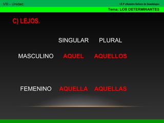C) LEJOS.
SINGULAR PLURAL
MASCULINO AQUEL AQUELLOS
FEMENINO AQUELLA AQUELLAS
VIII - Unidad:
Tema: LOS DETERMINANTES
I.E.P «Nuestra Señora de Guadalupe»
 