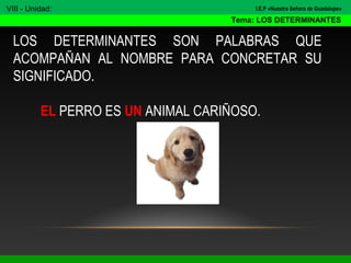 LOS DETERMINANTES SON PALABRAS QUE
ACOMPAÑAN AL NOMBRE PARA CONCRETAR SU
SIGNIFICADO.
EL PERRO ES UN ANIMAL CARIÑOSO.
VIII - Unidad:
Tema: LOS DETERMINANTES
I.E.P «Nuestra Señora de Guadalupe»
 