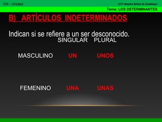 B) ARTÍCULOS INDETERMINADOS
Indican si se refiere a un ser desconocido.
SINGULAR PLURAL
MASCULINO UN UNOS
FEMENINO UNA UNAS
VIII - Unidad:
Tema: LOS DETERMINANTES
I.E.P «Nuestra Señora de Guadalupe»
 