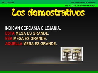 INDICAN CERCANÍA O LEJANÍA.
ESTA MESA ES GRANDE.
ESA MESA ES GRANDE.
AQUELLA MESA ES GRANDE.
VIII - Unidad:
Tema: LOS DETERMINANTES
I.E.P «Nuestra Señora de Guadalupe»
 