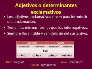 Adjetivos o determinantes
exclamativos
SINGULAR PLURAL
Masculino Femenino Masculino Femenino
qué
cuánto cuánta cuántos cuántas
• Los adjetivos exclamativos sirven para introducir
una exclamación.
• Tienen las mismas formas que los interrogativos.
• Siempre llevan tilde y van delante del sustantivo.
¡Cuánto sufrimiento!
¡Qué alegría! ¡Qué calor hace!
 