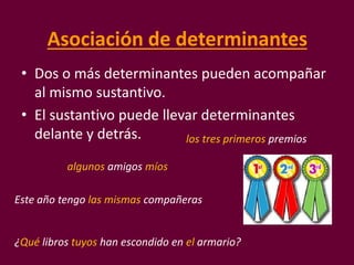 Asociación de determinantes
• Dos o más determinantes pueden acompañar
al mismo sustantivo.
• El sustantivo puede llevar determinantes
delante y detrás.
Este año tengo las mismas compañeras
algunos amigos míos
¿Qué libros tuyos han escondido en el armario?
los tres primeros premios
 