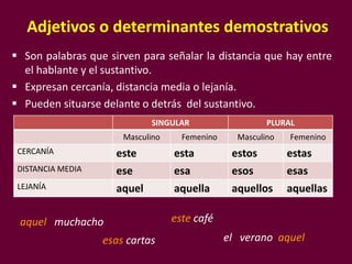Adjetivos o determinantes demostrativos
 Son palabras que sirven para señalar la distancia que hay entre
el hablante y el sustantivo.
 Expresan cercanía, distancia media o lejanía.
 Pueden situarse delante o detrás del sustantivo.
aquel muchacho
esas cartas
este café
SINGULAR PLURAL
Masculino Femenino Masculino Femenino
CERCANÍA este esta estos estas
DISTANCIA MEDIA ese esa esos esas
LEJANÍA aquel aquella aquellos aquellas
el verano aquel
 