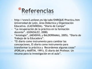 *
- http://www3.unileon.es/dp/ado/ENRIQUE/Practicu.htm
  Universidad de León. Área Didáctica y Organización
  Educativa. (CASTAÑEDA). “Diario de Campo”
- “La recuperación de la práctica en la formación
  docente”. (GONZÁLEZ, 2008)
- “Antología”, (MENDIVIL y BALDERRAMA), 2005). “Diario de
  Trabajo de la Educadora”.
- “El diario como instrumento para cambiar las
  concepciones, El diario como instrumento para
  transformar la práctica y Recordemos algunas cosas”
  (PORLAN y MARTIN, 1991). El diario del Profesor. Un
  recurso para la investigación en el aula”.
 