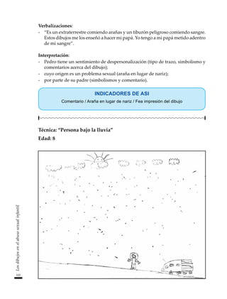 102
Los
dibujos
en
el
abuso
sexual
infantil
Verbalizaciones:
-	 “Es un extraterrestre comiendo arañas y un tiburón peligroso comiendo sangre.
Estos dibujos me los enseñó a hacer mi papá. Yo tengo a mi papá metido adentro
de mi sangre”.
Interpretación:
-	 Pedro tiene un sentimiento de despersonalización (tipo de trazo, simbolismo y
comentarios acerca del dibujo);
-	 cuyo origen es un problema sexual (araña en lugar de nariz);
-	 por parte de su padre (simbolismos y comentario).
INDICADORES DE ASI
Comentario / Araña en lugar de nariz / Fea impresión del dibujo
Técnica: “Persona bajo la lluvia”
Edad: 8
 