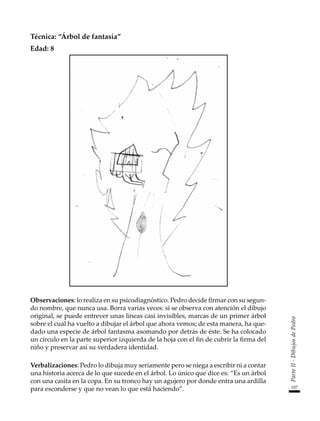 107
Parte
II
-
Dibujos
de
Pedro
Técnica: “Árbol de fantasía”
Edad: 8
Observaciones: lo realiza en su psicodiagnóstico. Pedro decide firmar con su segun-
do nombre, que nunca usa. Borra varias veces: si se observa con atención el dibujo
original, se puede entrever unas líneas casi invisibles, marcas de un primer árbol
sobre el cual ha vuelto a dibujar el árbol que ahora vemos; de esta manera, ha que-
dado una especie de árbol fantasma asomando por detrás de éste. Se ha colocado
un círculo en la parte superior izquierda de la hoja con el fin de cubrir la firma del
niño y preservar así su verdadera identidad.
Verbalizaciones: Pedro lo dibuja muy seriamente pero se niega a escribir ni a contar
una historia acerca de lo que sucede en el árbol. Lo único que dice es: “Es un árbol
con una casita en la copa. En su tronco hay un agujero por donde entra una ardilla
para esconderse y que no vean lo que está haciendo”.
 