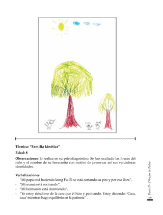 109
Parte
II
-
Dibujos
de
Pedro
Técnica: “Familia kinética”
Edad: 8
Observaciones: lo realiza en su psicodiagnóstico. Se han ocultado las firmas del
niño y el nombre de su hermanito con motivo de preservar así sus verdaderas
identidades.
Verbalizaciones:
-	 “Mi papá está haciendo kung Fu. Él se está cortando su pito y por eso llora”.
-	 “Mi mamá está cocinando”.
-	 “Mi hermanita está durmiendo”.
-	 “Yo estoy riéndome de la cara que él hizo y patinando. Estoy diciendo: ‘Caca,
caca’ mientras hago equilibrio en la patineta” .
 