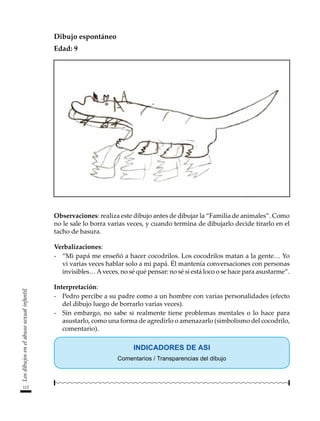 112
Los
dibujos
en
el
abuso
sexual
infantil
Dibujo espontáneo
Edad: 9
Observaciones: realiza este dibujo antes de dibujar la “Familia de animales”. Como
no le sale lo borra varias veces, y cuando termina de dibujarlo decide tirarlo en el
tacho de basura.
Verbalizaciones:
-	 “Mi papá me enseñó a hacer cocodrilos. Los cocodrilos matan a la gente… Yo
vi varias veces hablar solo a mi papá. Él mantenía conversaciones con personas
invisibles…Aveces, no sé qué pensar: no sé si está loco o se hace para asustarme”.
Interpretación:
-	 Pedro percibe a su padre como a un hombre con varias personalidades (efecto
del dibujo luego de borrarlo varias veces).
-	 Sin embargo, no sabe si realmente tiene problemas mentales o lo hace para
asustarlo, como una forma de agredirlo o amenazarlo (simbolismo del cocodrilo,
comentario).
INDICADORES DE ASI
Comentarios / Transparencias del dibujo
 