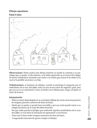 113
Parte
II
-
Dibujos
de
Pedro
Dibujo espontáneo
Edad: 8 años
Observaciones: Pedro realiza este dibujo mientras su madre le comenta a su psi-
cóloga que su padre, el día anterior, se le había aparecido en el recreo del colegio
de forma clandestina, haciendo caso omiso a la orden que el juez le ha dado en la
cual se le prohíbe acercarse a su hijo.
Verbalizaciones: al terminar de dibujar, cuando la psicóloga le pregunta por el
simbolismo de la cruz del aljibe, entra en una severa crisis de angustia: grita, dice
que eso no es un cementerio y hace un bollo con el dibujo para, luego, arrojarlo al
tacho de basura.
Interpretación:
-	 Pedro se siente desprotegido en su vecindario (dibujo de varias casas sin presencia
de ninguna persona, ausencia de línea de base).
-	 Siente que su padre se puede hacer invisible y por esa razón puede entrar a su
colegio (ausencia de la copa del árbol derecho).
-	 Sin que nadie perciba el peligro que realmente significa (simbolismo de la cruz
del aljibe, el cual daría la sensación de representar a una horca).
-	 Todo esto lo hace sentir inseguro (ausencia de línea de base).
-	 Y angustiado (reacción de querer romper el dibujo).
 