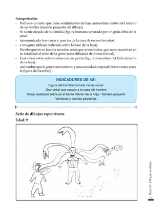 115
Parte
II
-
Dibujos
de
Pedro
Interpretación:
-	 Pedro es un niño que tiene sentimientos de baja autoestima dentro del ámbito
de su familia (tamaño pequeño del dibujo).
-	 Se siente alejado de su familia (figura humana separada por un gran árbol de la
casa).
-	 incomunicado (ventanas y puertas de la casa de escaso tamaño).
-	 e inseguro (dibujo realizado sobre la base de la hoja).
-	 Percibe que en su familia suceden cosas que se esconden, que no se muestran en
su totalidad al resto de la gente (casa dibujada de forma frontal).
-	 Esas cosas están relacionadas con su padre (figura masculina del lado derecho
de la hoja).
-	 un hombre que le genera nervosismo y una ansiedad corporal (borra varias veces
la figura del hombre) .
INDICADORES DE ASI
Figura del hombre borrada varias veces
Gran árbol que separa a la casa del hombre
Dibujo realizado sobre en el borde inferior de la hoja / Tamaño pequeño
Ventanas y puertas pequeñas
Serie de dibujos espontáneos
Edad: 9
 