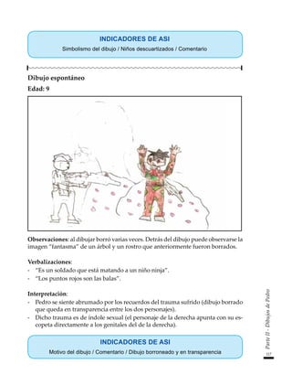 117
Parte
II
-
Dibujos
de
Pedro
INDICADORES DE ASI
Simbolismo del dibujo / Niños descuartizados / Comentario
Dibujo espontáneo
Edad: 9
Observaciones: al dibujar borró varias veces. Detrás del dibujo puede observarse la
imagen “fantasma” de un árbol y un rostro que anteriormente fueron borrados.
Verbalizaciones:
-	 “Es un soldado que está matando a un niño ninja”.
-	 “Los puntos rojos son las balas”.
Interpretación:
-	 Pedro se siente abrumado por los recuerdos del trauma sufrido (dibujo borrado
que queda en transparencia entre los dos personajes).
-	 Dicho trauma es de índole sexual (el personaje de la derecha apunta con su es-
copeta directamente a los genitales del de la derecha).
INDICADORES DE ASI
Motivo del dibujo / Comentario / Dibujo borroneado y en transparencia
 