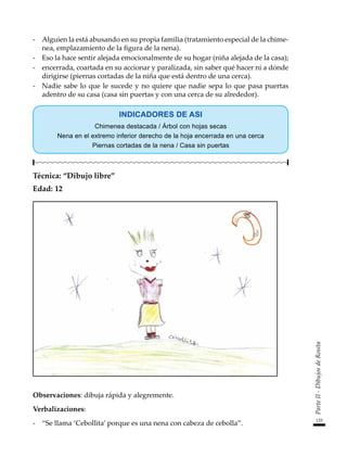 133
Parte
II
-
Dibujos
de
Rosita
-	 Alguien la está abusando en su propia familia (tratamiento especial de la chime-
nea, emplazamiento de la figura de la nena).
-	 Eso la hace sentir alejada emocionalmente de su hogar (niña alejada de la casa);
-	 encerrada, coartada en su accionar y paralizada, sin saber qué hacer ni a dónde
dirigirse (piernas cortadas de la niña que está dentro de una cerca).
-	 Nadie sabe lo que le sucede y no quiere que nadie sepa lo que pasa puertas
adentro de su casa (casa sin puertas y con una cerca de su alrededor).
INDICADORES DE ASI
Chimenea destacada / Árbol con hojas secas
Nena en el extremo inferior derecho de la hoja encerrada en una cerca
Piernas cortadas de la nena / Casa sin puertas
Técnica: “Dibujo libre”
Edad: 12
Observaciones: dibuja rápida y alegremente.
Verbalizaciones:
-	 “Se llama ‘Cebollita’ porque es una nena con cabeza de cebolla”.
 