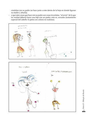 135
Parte
II
-
Dibujos
de
Rosita
condidas con su padre (se hace junto a éste detrás de la hoja en donde figuran
su madre y abuela);
-	 y que tales cosas que hace con su padre son cosas invertidas, “al revés” de lo que
en verdad debería hacer una hija con un padre; esto es, sexuales (tratamiento
especial del cabello: lo pinta con colores no realistas).
 