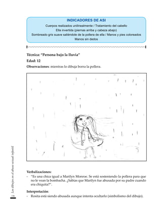 136
Los
dibujos
en
el
abuso
sexual
infantil
INDICADORES DE ASI
Cuerpos realizados unilinealmente / Tratamiento del cabello
Ella invertida (piernas arriba y cabeza abajo)
Sombreado gris suave saliéndole de la pollera de ella / Manos y pies coloreados
Manos sin dedos
Técnica: “Persona bajo la lluvia”
Edad: 12
Observaciones: mientras lo dibuja borra la pollera.
Verbalizaciones:
-	 “Es una chica igual a Marilyn Monroe. Se está sosteniendo la pollera para que
no le vean la bombacha. ¿Sabías que Marilyn fue abusada por su padre cuando
era chiquita?”.
Interpretación:
-	 Rosita está siendo abusada aunque intenta ocultarlo (simbolismo del dibujo).
 
