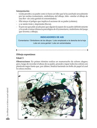Interpretación:
-	 Linda percibe a su padre como si fuera un lobo que la ha acechado sexualmente
por las noches (comentario, simbolismo del dibujo, lobo –similar al dibujo de
una flor– sin zona genital ni extremidades).
-	 Ella intuye el peligro que implica el accionar de su padre (cohetes);
-	 y se siente triste y deprimida (lluvia).
-	 Es por eso que pide ayuda para que alguien la separe de su padre definitivamente
y la ayude a tomar distancia psicológica de él (comentario, simbolismo del juego
que inventa y dibuja).
INDICADORES DE ASI
Comentarios / Simbolismo de los dibujos / Lobo emplazado a la derecha de la hoja
Lobo sin zona genital / Lobo sin extremidades
Dibujo espontáneo
Edad: 5
Observaciones: En primer término realiza un mamarracho de colores alegres;
pero, luego de recordar el abuso de su padre, procede a tapar todos los colores con
plasticola negra hasta que, por último, finaliza haciendo un bollo de papel al cual
lo coloca encima.
150
Los
dibujos
en
el
abuso
sexual
infantil
 