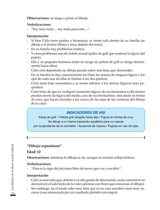 166
Los
dibujos
en
el
abuso
sexual
infantil
Observaciones: se niega a pintar el dibujo.
Verbalizaciones:
-	 “Soy muy mala… soy mala para esto…”.
Interpretación:
-	 Si bien Cielo tiene padres y hermanos, se siente sola dentro de su familia (se
dibuja a sí misma última y muy alejada del resto).
-	 En su familia hay problemas (nubes).
-	 Y estos problemas son de índole sexual (palos de golf que sostiene la figura del
padre).
-	 Ella y su pequeña hermana están en riesgo (la pelota de golf se dirige directa-
mente hacia ellas).
-	 Cielo está deprimida (se dibuja parada sobre una línea que desciende).
-	 En su familia no hay comunicación (no hace las manos de ninguna figura y los
ojos de cada una de ellas se limitan a ser dos puntos).
-	 Cielo tiene baja autoestima y se siente inferior a los demás (figuras muy pe-
queñas).
-	 Cielo teme de que en cualquier momento alguno de sus hermanos o ella misma
puedan morir (la figura del medio, uno de sus hermanitos, está atado en forma
de cruz; que hacen recordar a las cruces de las rejas de las ventanas del dibujo
de la casa).
INDICADORES DE ASI
Palos de golf / Pelota gris dirigida hacia ella / Figura en forma de cruz
Se dibujó a sí misma haciendo equilibrio para no caerse
por la pendiente de la montaña / Ausencia de manos / Pupilas en vez de ojos
“Dibujo espontáneo”
Edad: 12
Observaciones: mientras lo dibuja se ríe, aunque su mirada refleja tristeza.
Verbalizaciones:
-	 “Esta es la tapa del próximo libro de terror que voy a escribir”.
Interpretación:
-	 Cielo es una niña que, debido a su alto grado de disociación, suele concentrar su
atención en el lado lindo de la vida (adornos con flores que enmarcan el dibujo).
-	 Sin embargo, en el fondo sabe muy bien que en su casa suceden cosas muy os-
curas (casa enmarcada por un cuadrado pintado con negro).
 